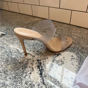 SCHUTZ Ariella Clear Strap Heels - Nude suede 8.5